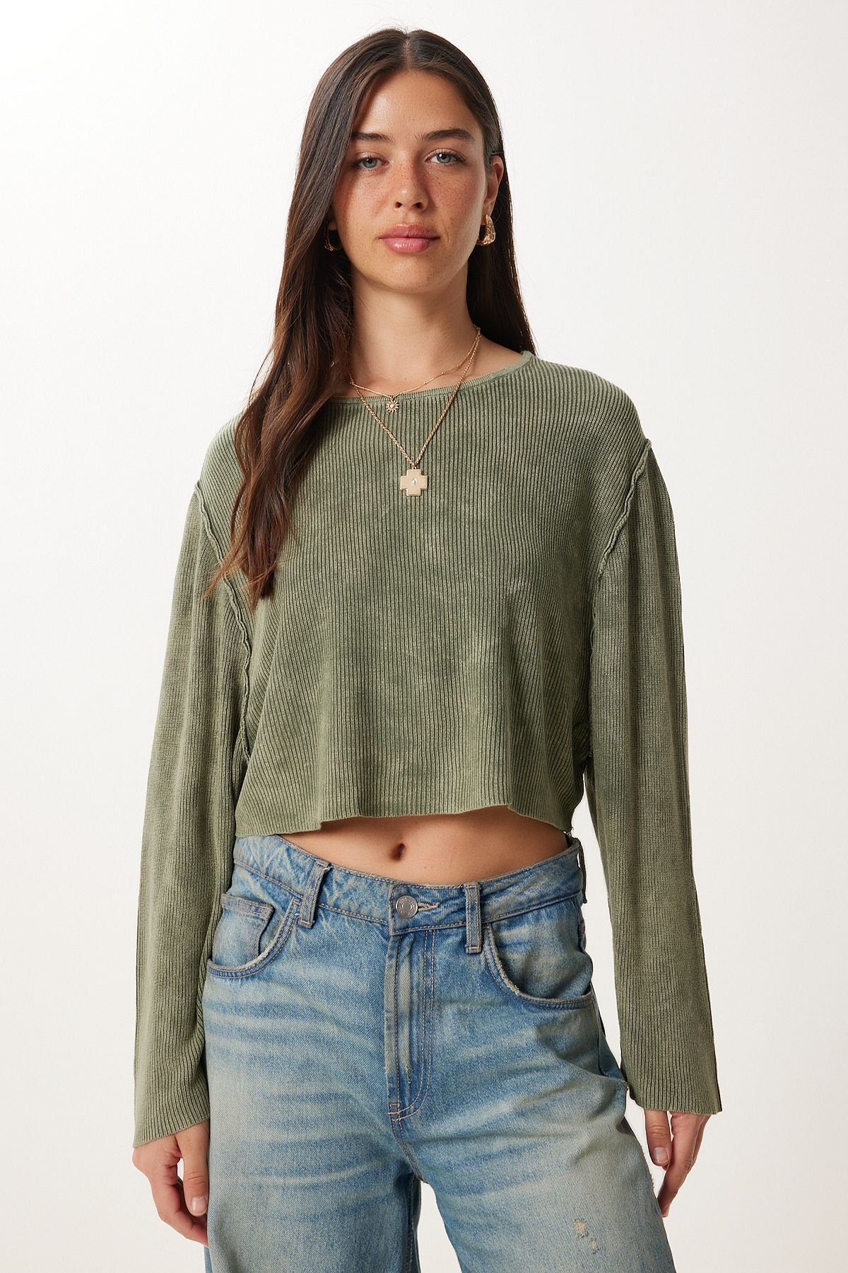 Haki Yıkamalı Crop Triko Kazak NS00459