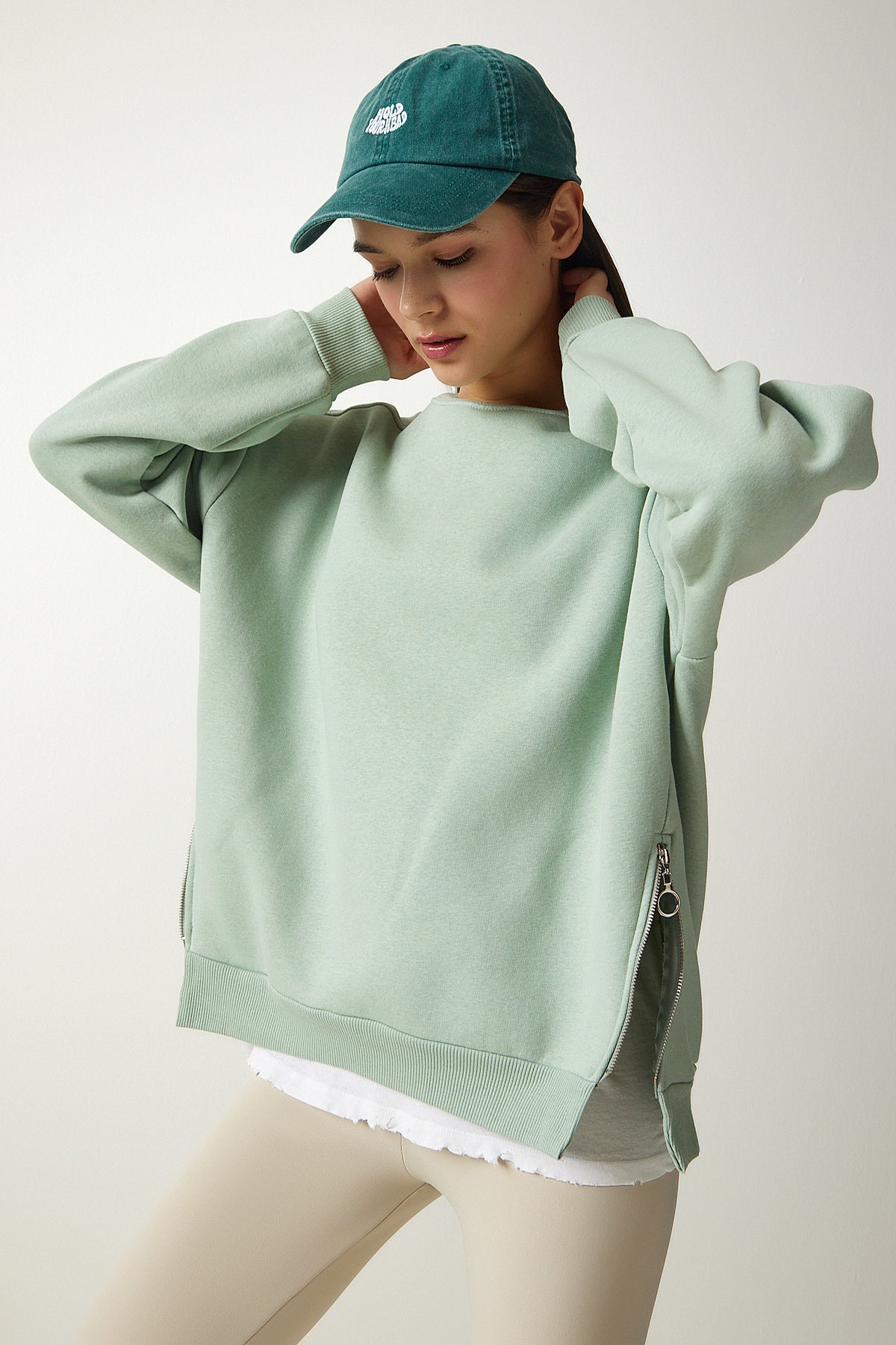 Su Yeşili Fermuar Detaylı Şardonlu Örme Sweatshirt UB00148