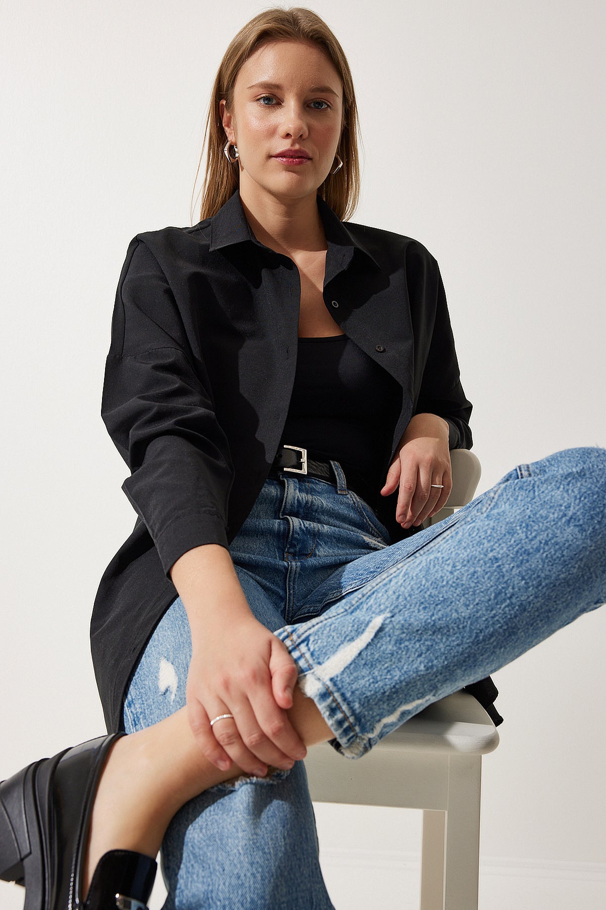 Siyah Oversize Uzun Basic Gömlek DD00842