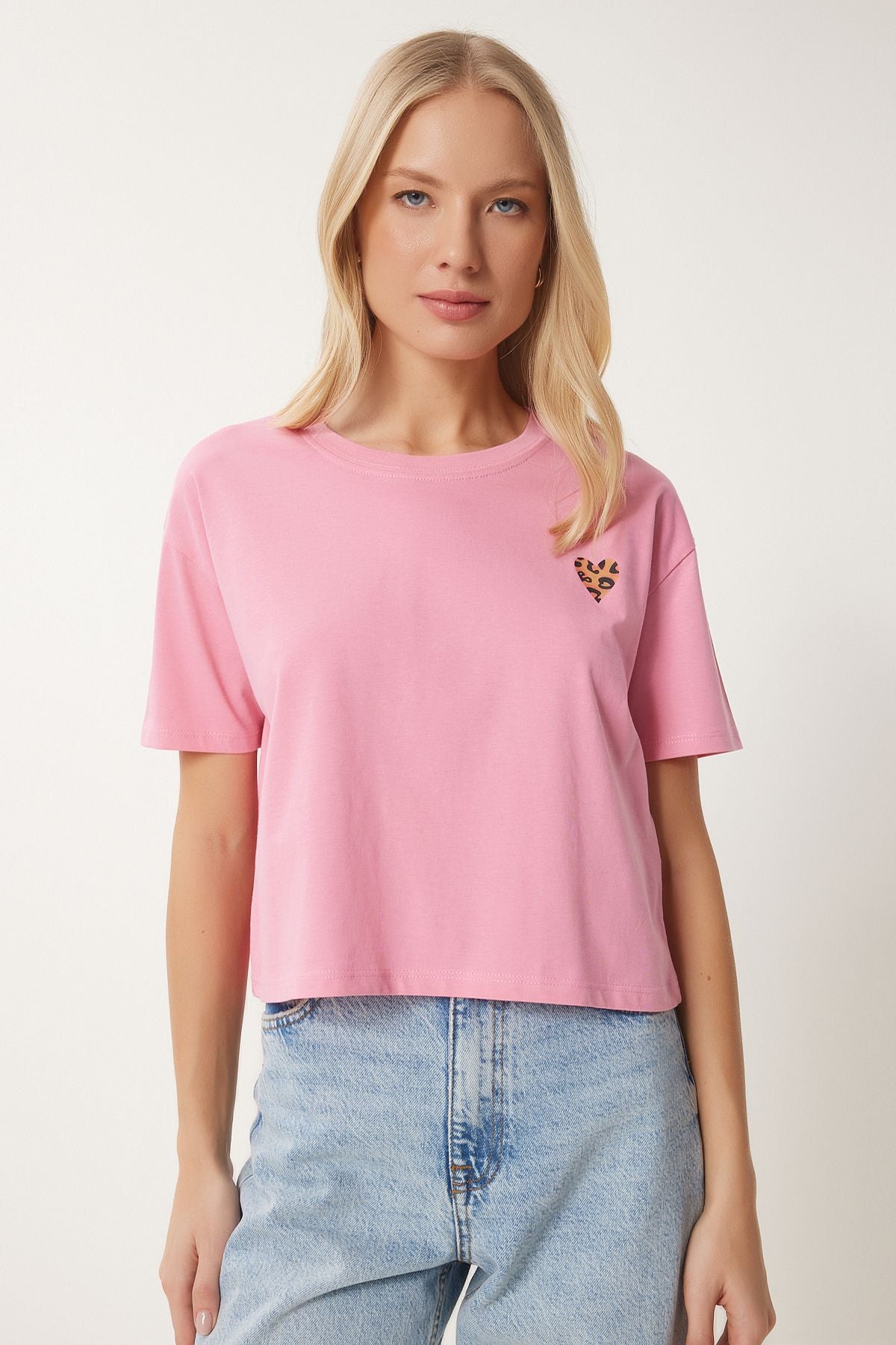Pembe Kalp Baskılı Pamuklu Kısa Örme T-Shirt AN00224
