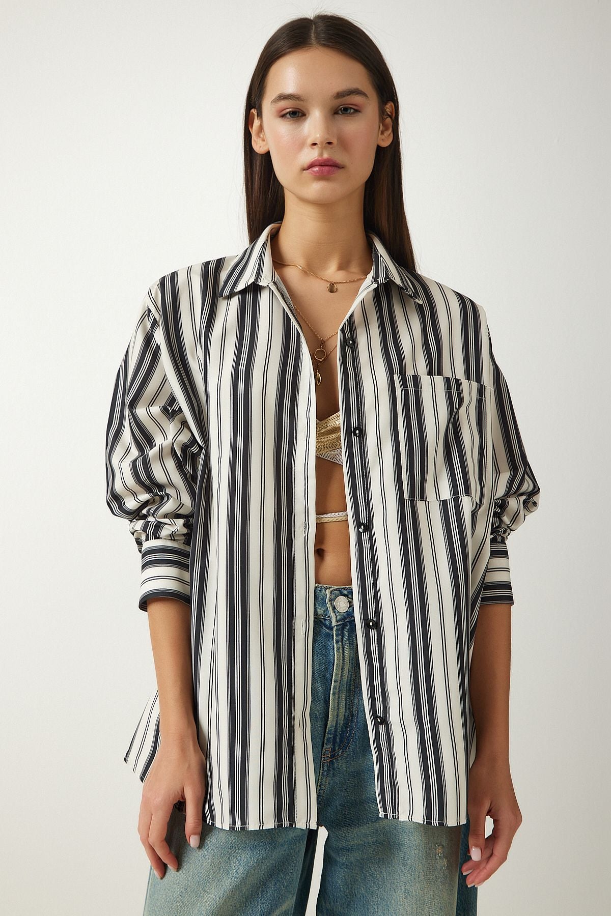 Krem Siyah Çizgili Oversize Örme Gömlek SF00007
