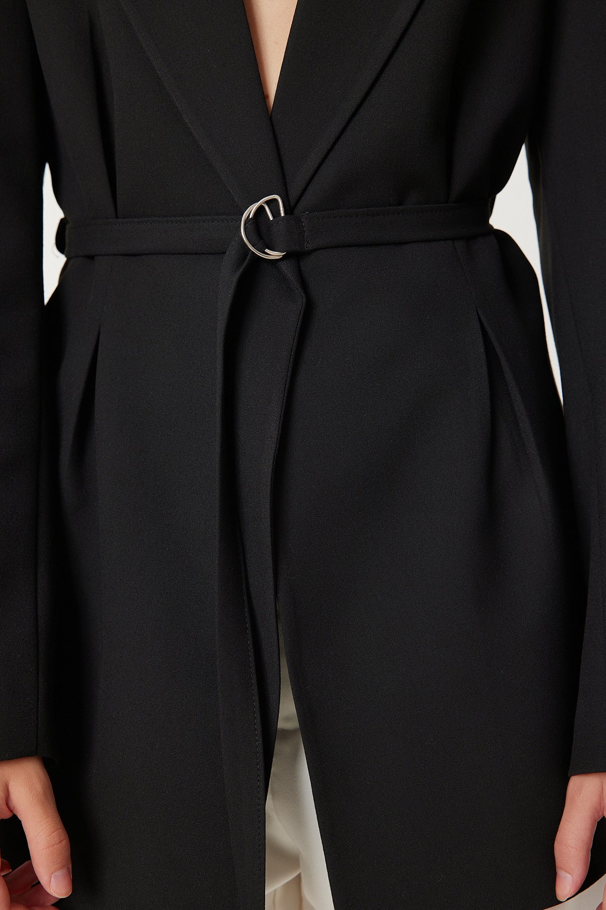 Siyah Vatkalı Kemerli Blazer Dokuma Ceket KT00023