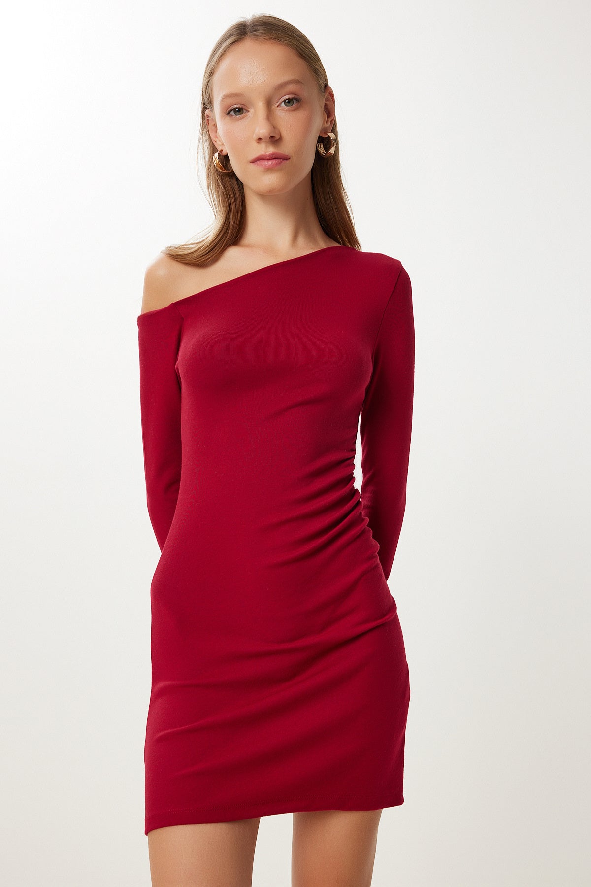 Bordo Kayık Yaka Büzgülü Mini Örme Elbise UB00442