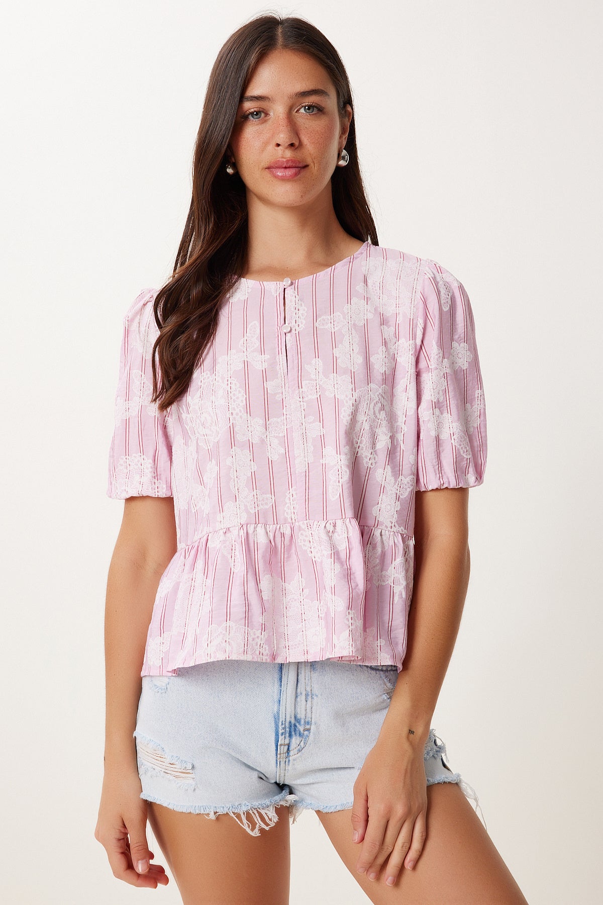 Pembe Desenli Volanlı Keten Karışımlı Bluz MX00202