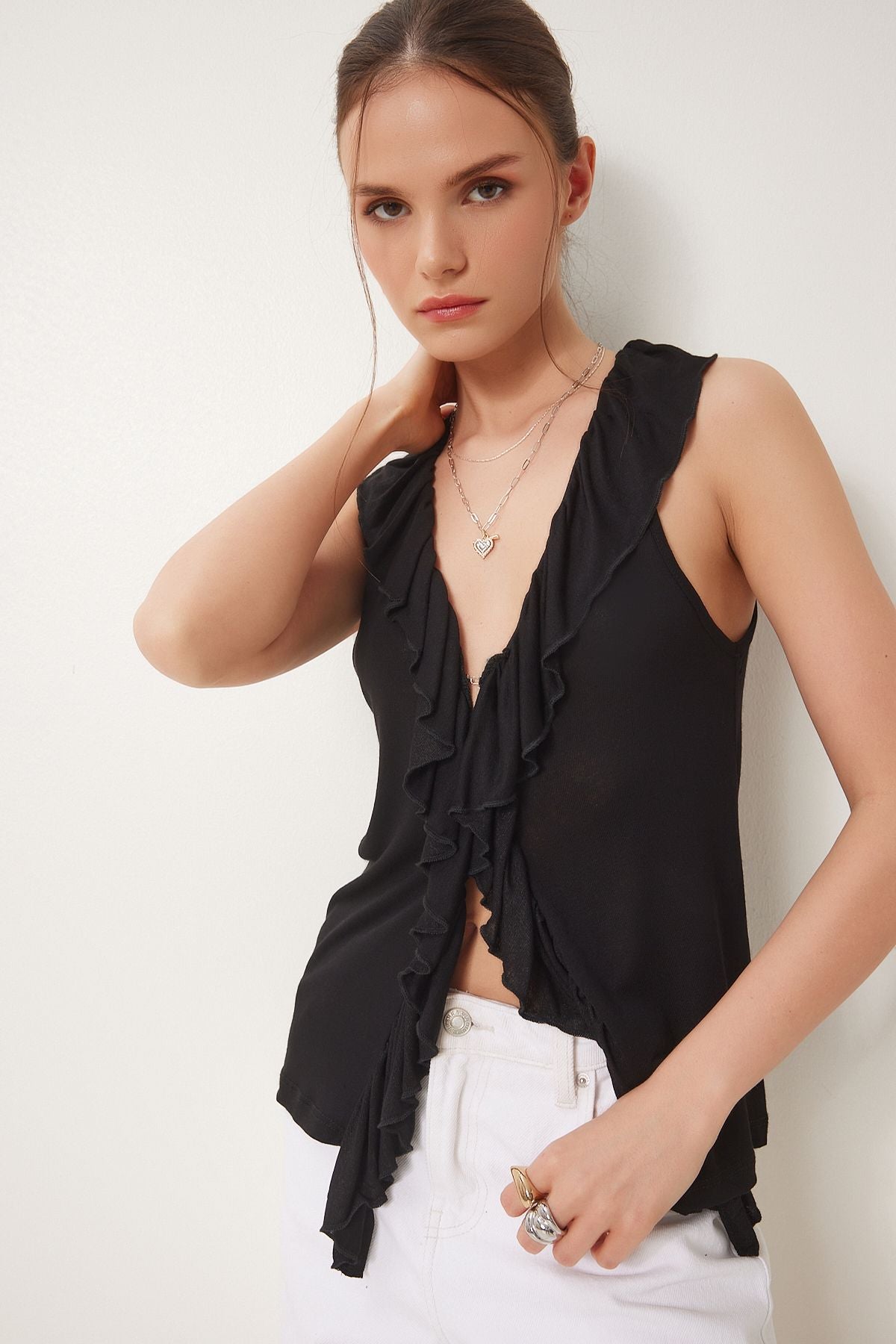 Siyah Fırfırlı Transparan Örme Bluz UB00380