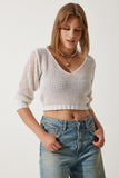 Ekru Ajurlu Crop Triko Bluz YY00212