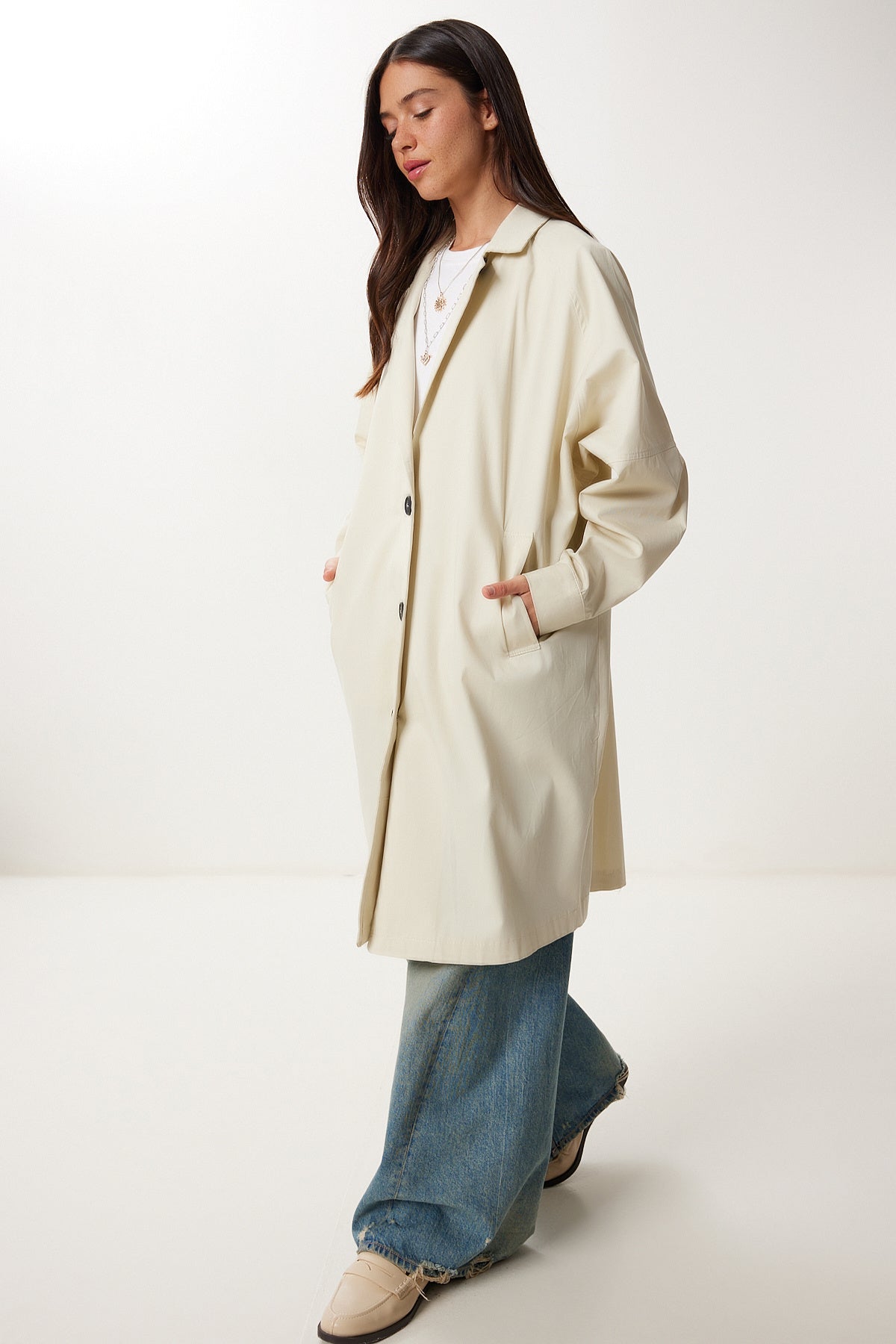 Krem Oversize Dokuma Trençkot FG00054