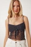 Siyah Puantiyeli Askılı Crop Tül Bluz UB00392