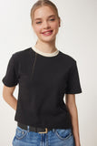 Siyah Kontrast Renkli Pamuklu Örme T-Shirt CR00472