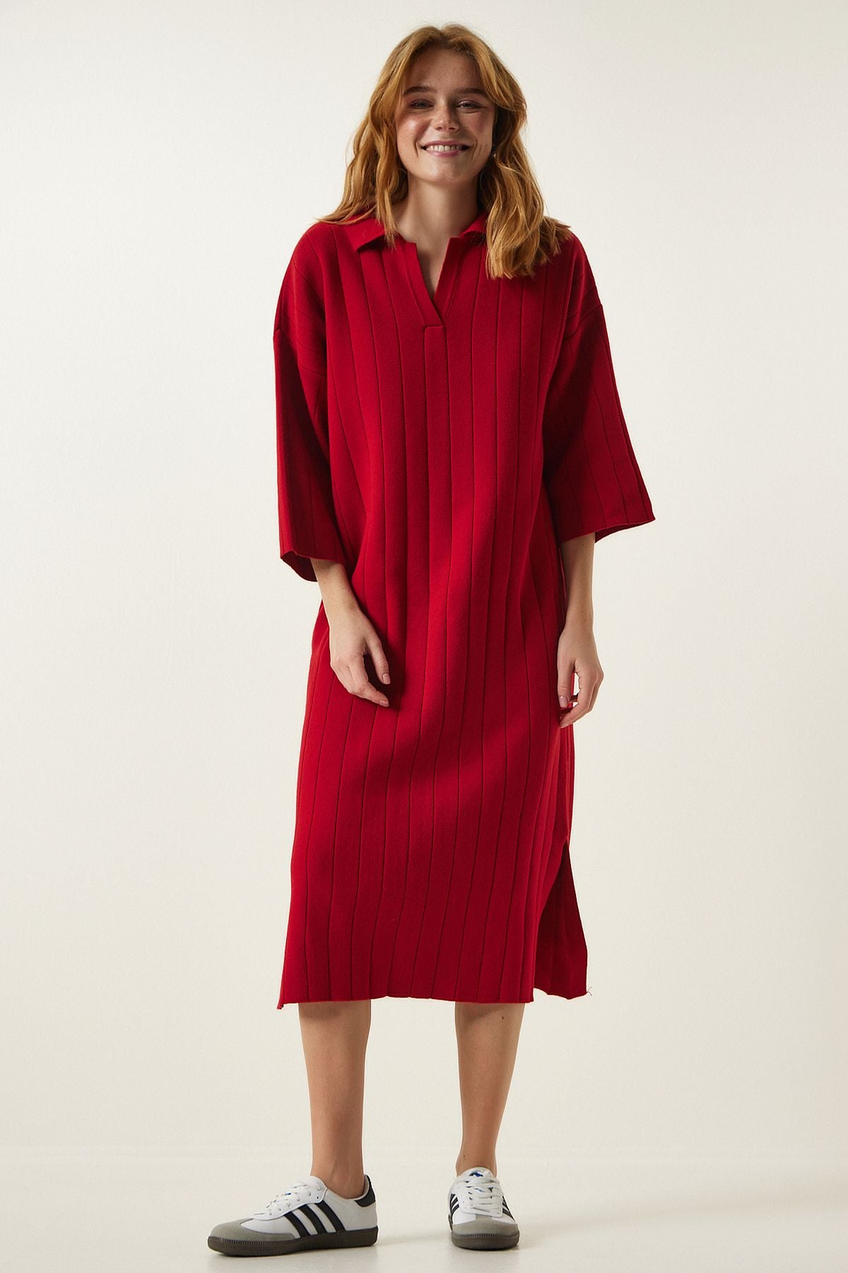 Kırmızı Polo Yaka Oversize Triko Elbise YY00178