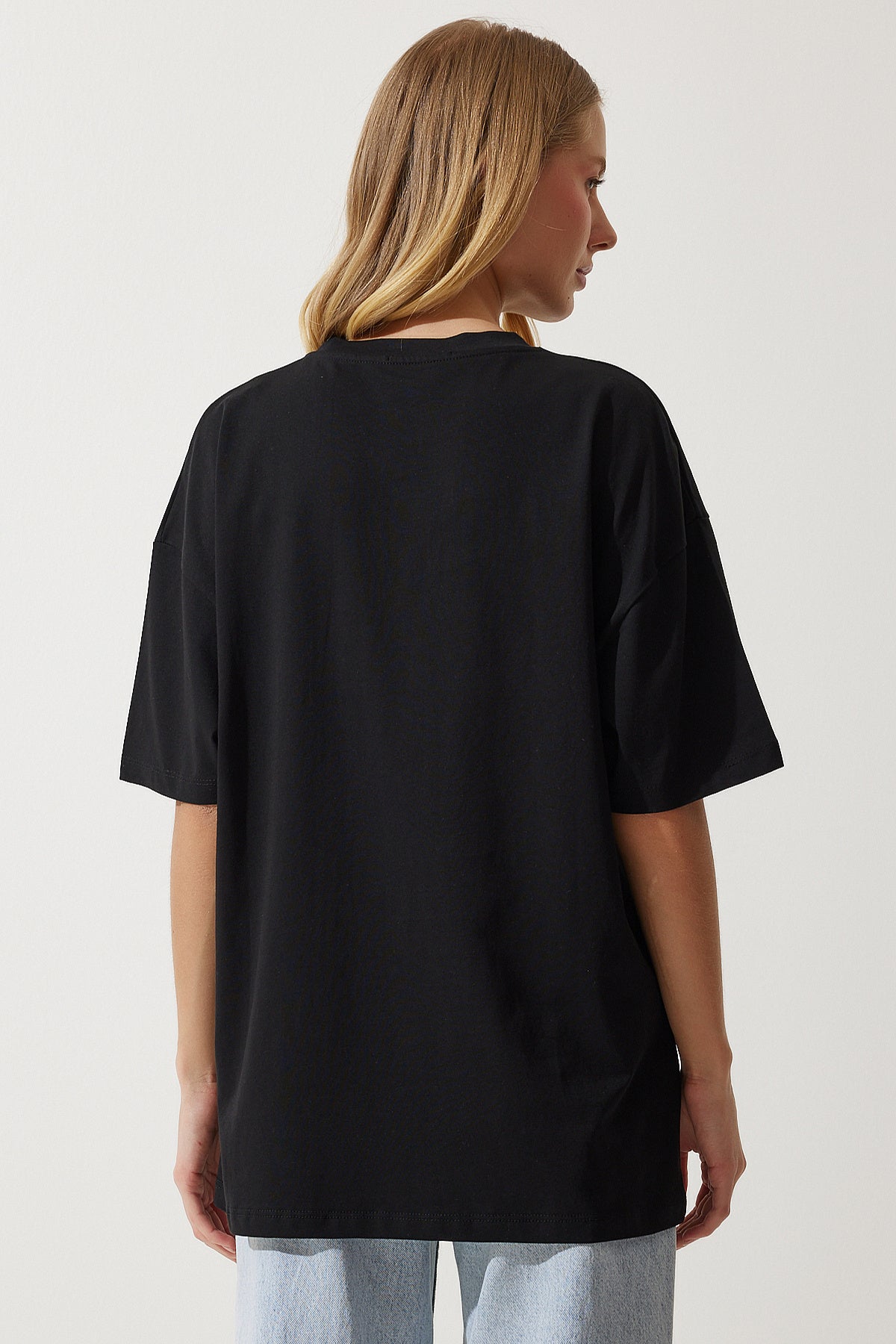 Siyah Bisiklet Yaka Basic Oversize Örme T-Shirt BF00091