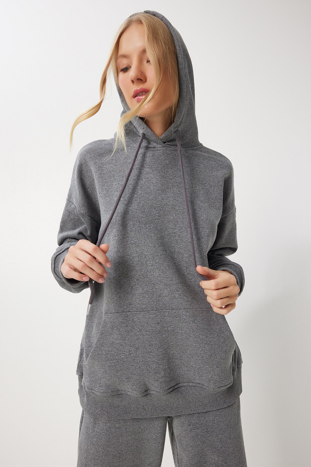Antrasit Kapüşonlu Sweatshirt Jogger Oversize Örme Eşofman Takımı PYS0027