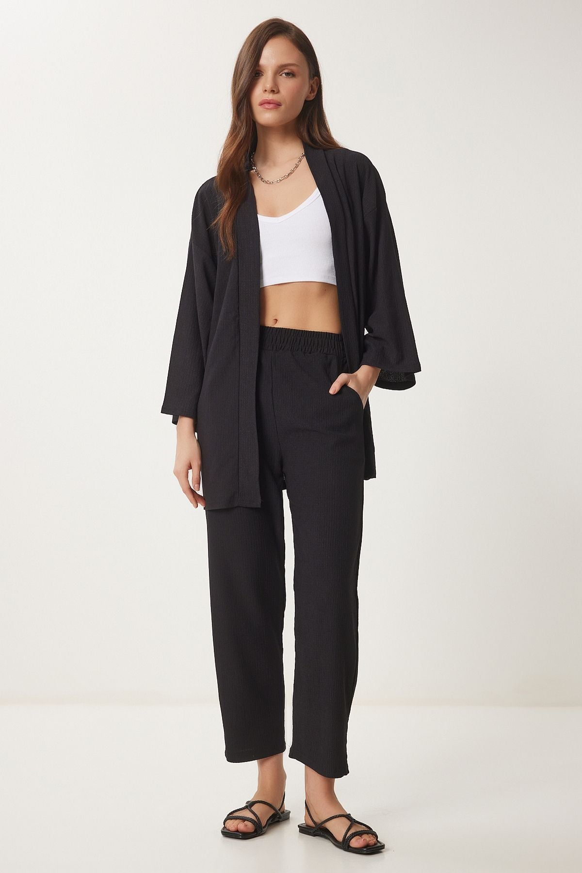 Siyah Kimono Pantolon Örme Takımı BY00050
