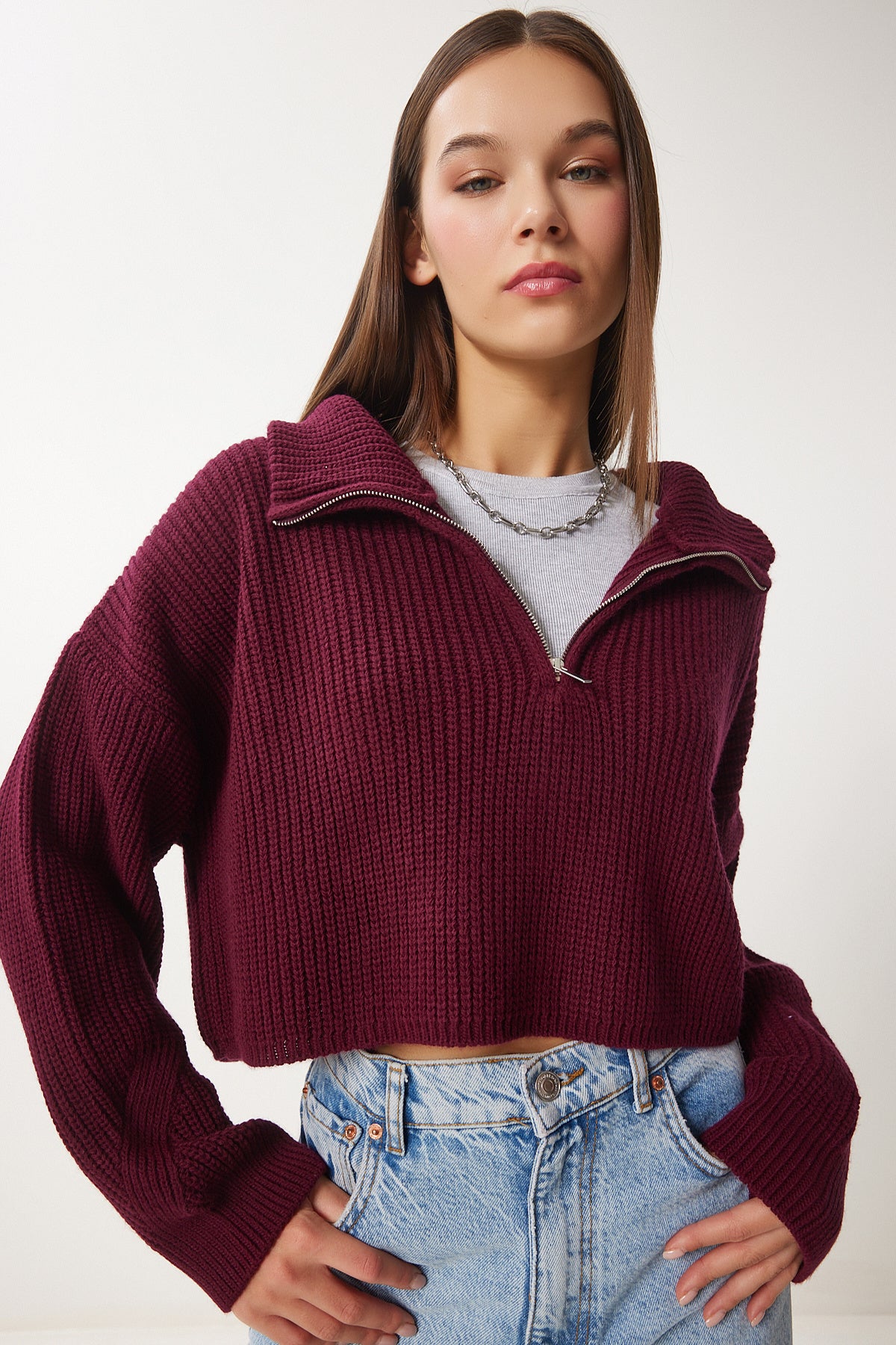 Bordo Fermuarlı Balıkçı Yaka Triko Kazak MX00124