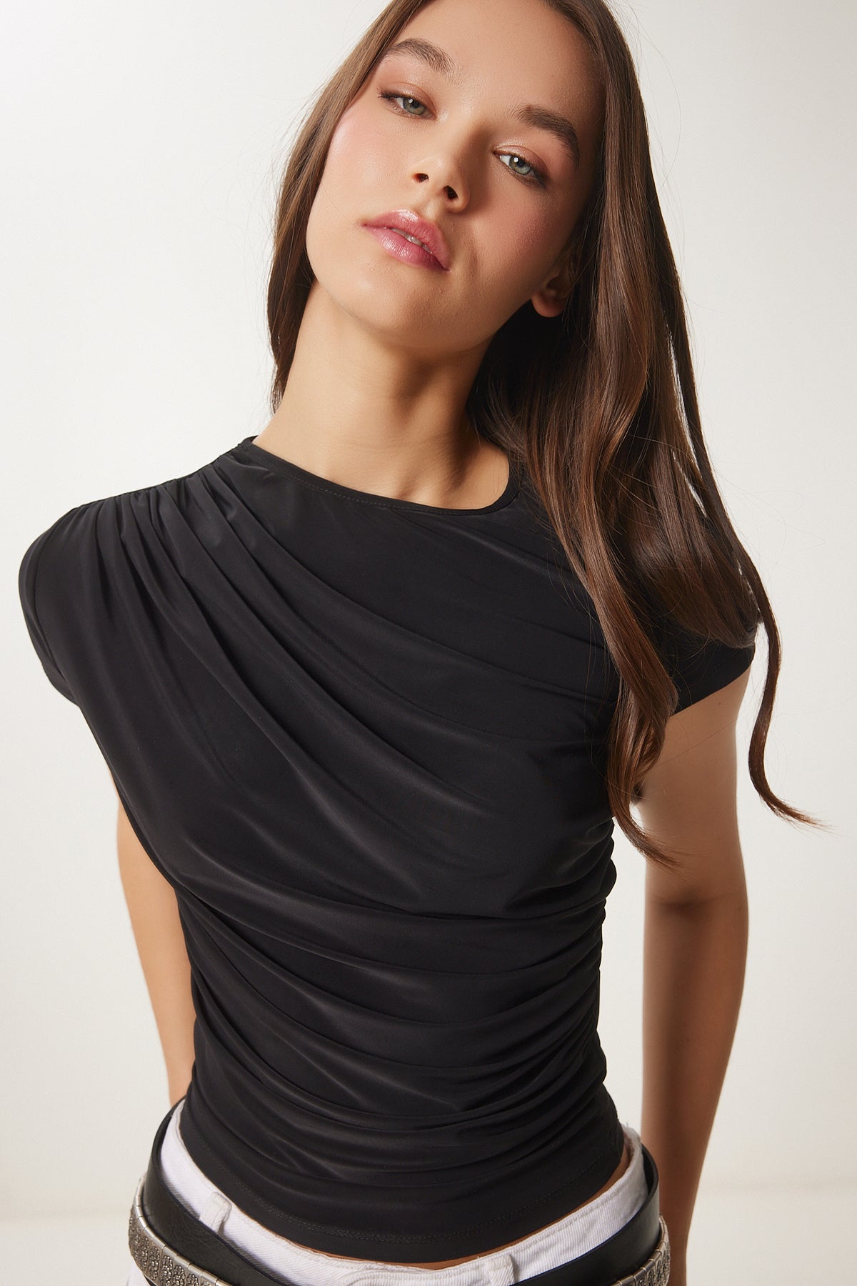 Siyah Drape Detaylı Sandy Örme Bluz Lİ00115