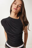 Siyah Drape Detaylı Sandy Örme Bluz Lİ00115