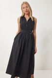 Siyah Kemerli Poplin Midi Gömlek Elbise UB00354