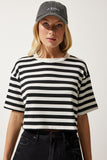 Siyah Bisiklet Yaka Çizgili Crop Örme T-Shirt CR00427