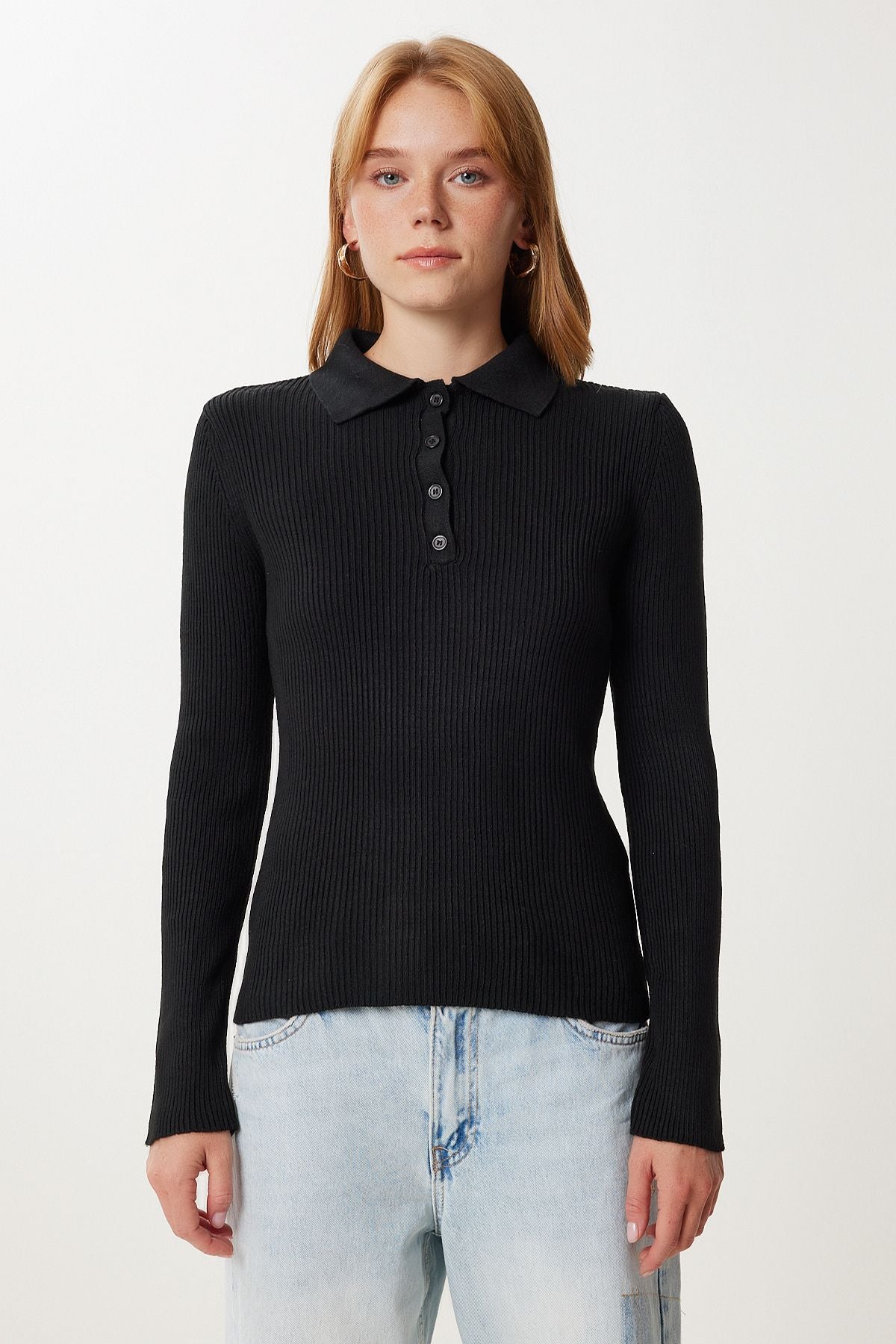 Siyah Polo Yaka Fitilli Örme Triko Kazak PF00119