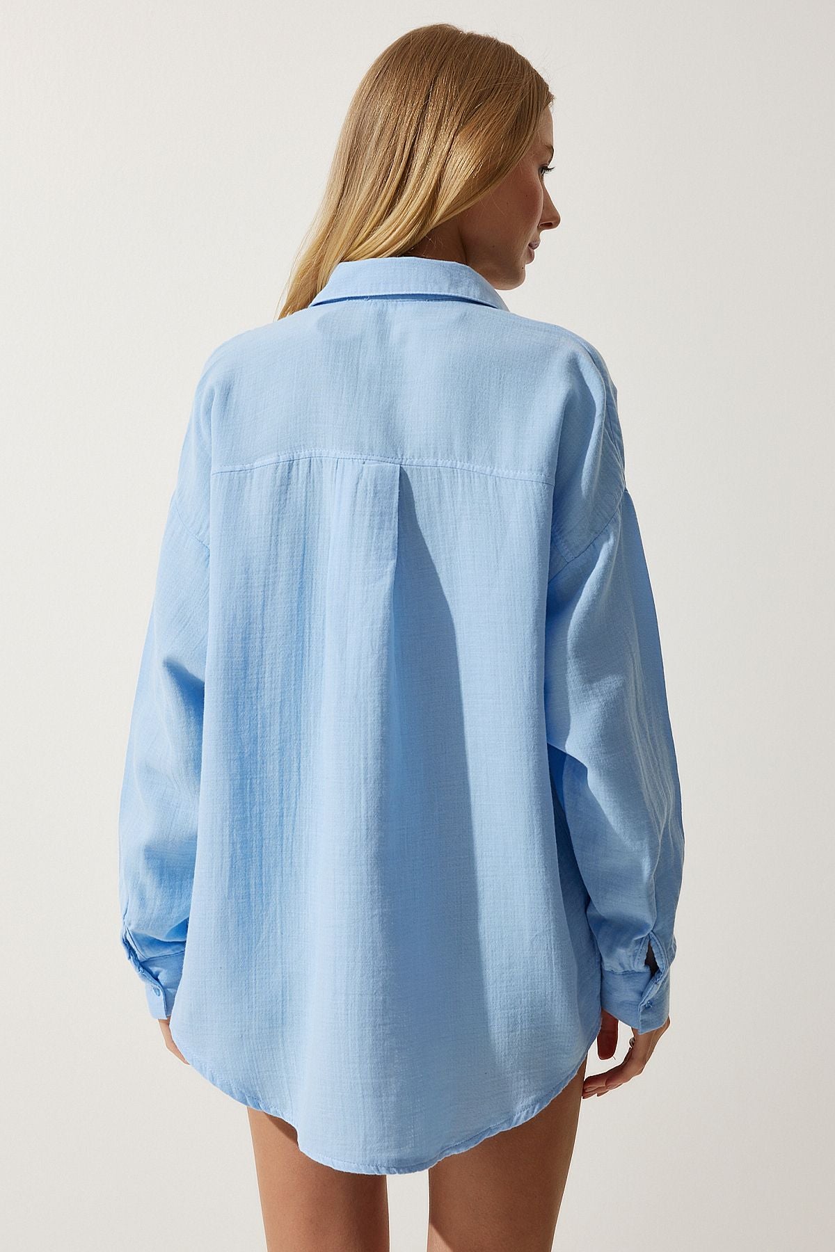 Gök Mavi Cepli Oversize Müslin Gömlek MX00150