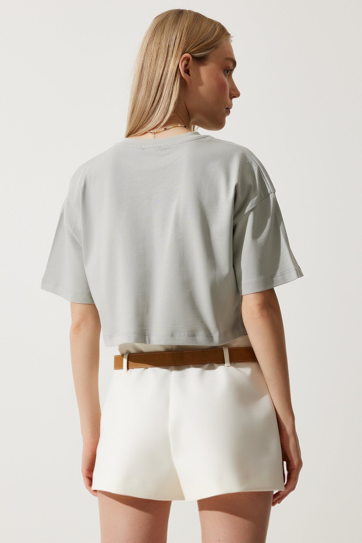Taş Grisi %100 Pamuk Oversize Crop Örme T-Shirt BP00164