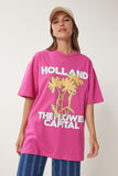 Koyu Pembe Oversize Baskılı Örme T-Shirt JH00054