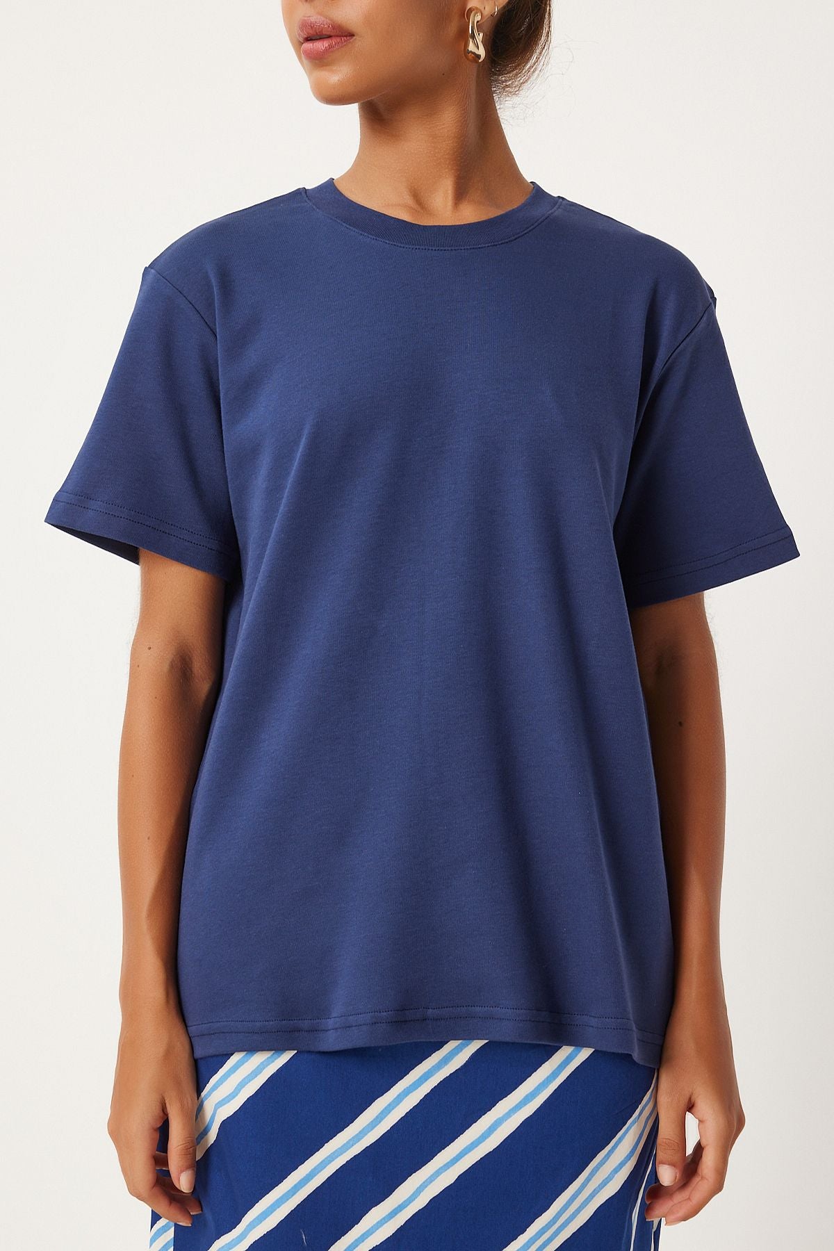 Lacivert Bisiklet Yaka %100 Pamuk Penye T-Shirt FN03265