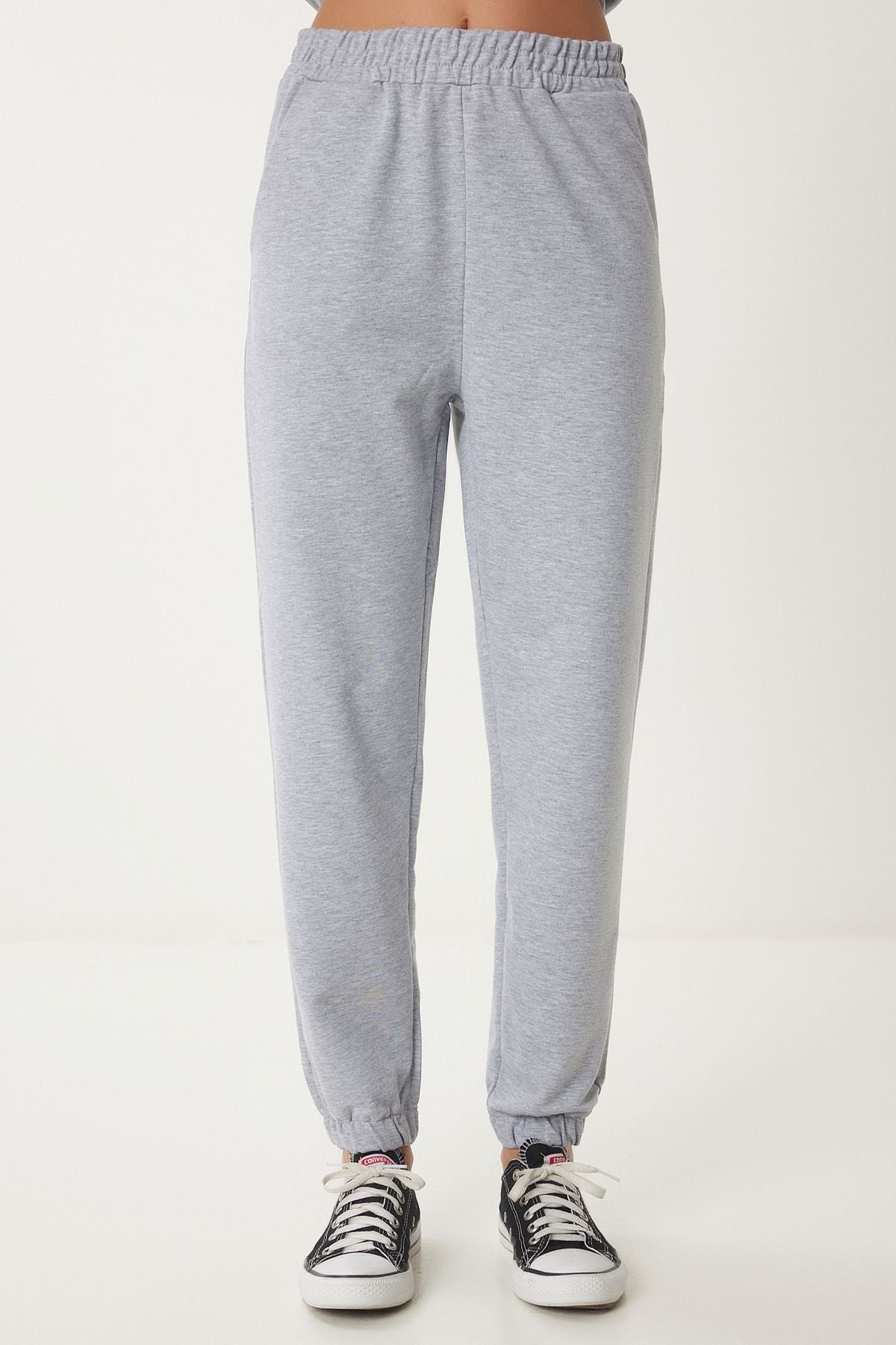 Gri Melanj Bisiklet Yaka Oversize Örme Eşofman Takımı FN03456