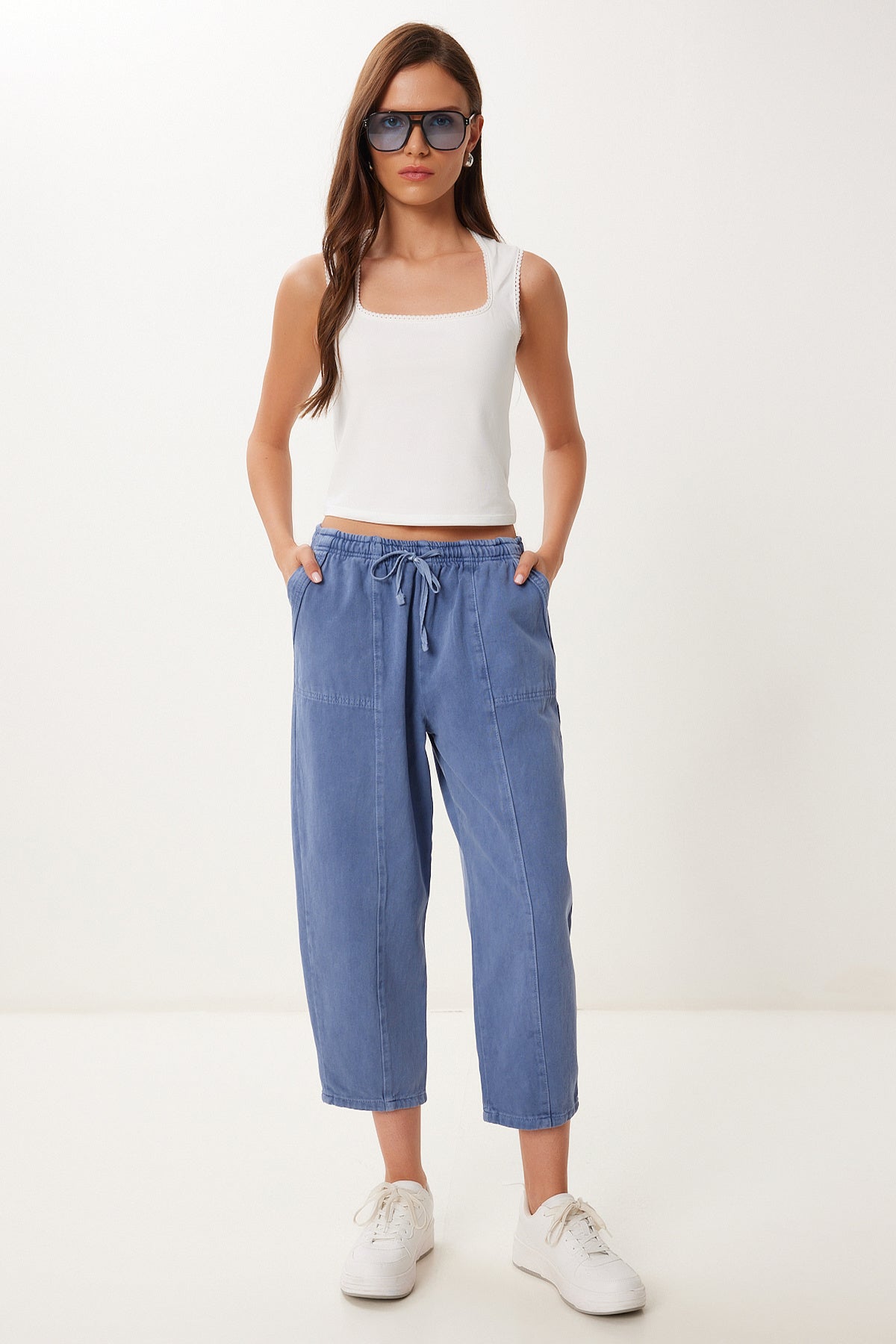 İndigo Mavi Capri Rahat Gabardin Pantolon GP00019
