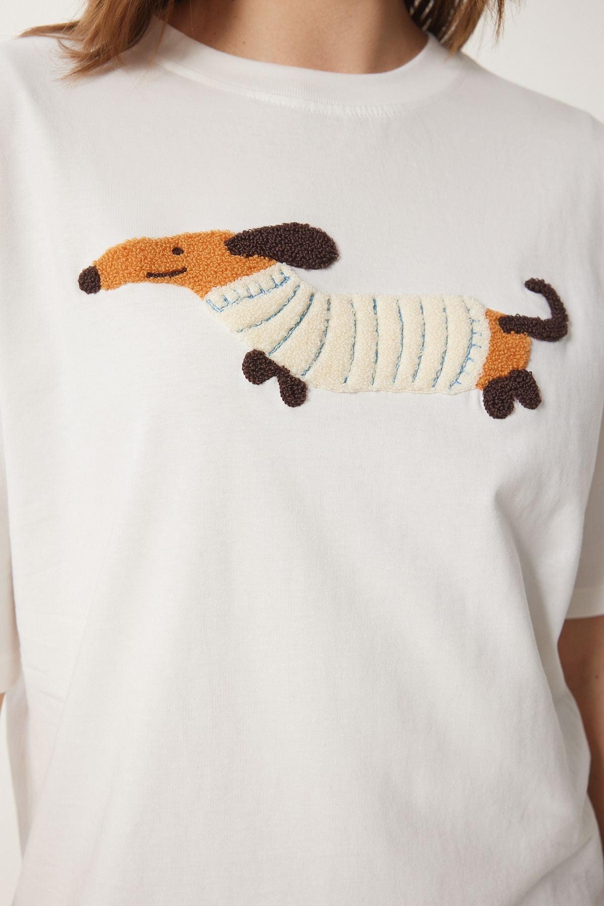 Ekru Nakışlı Pamuklu Oversize Örme T-Shirt CR00457