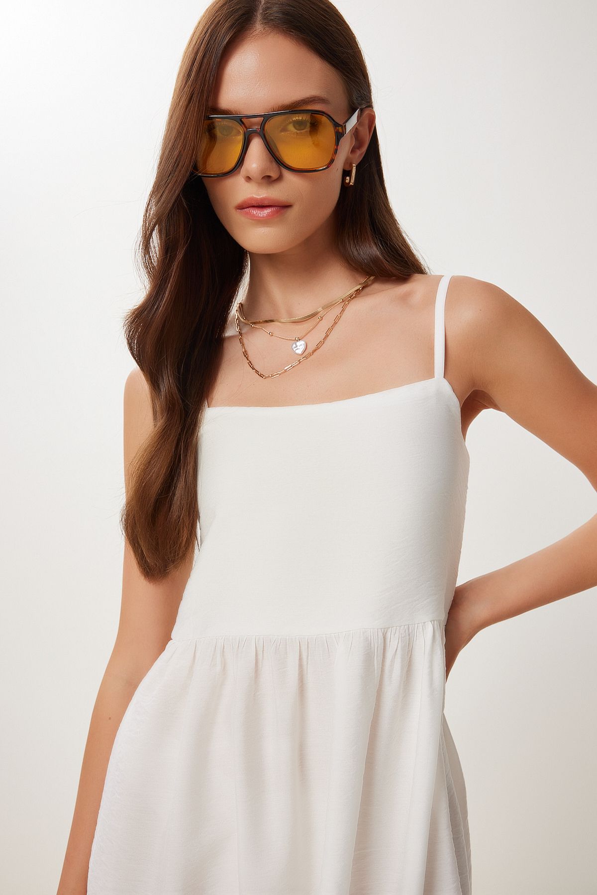 Ekru Askılı Yazlık Midi Ayrobin Elbise DD01357