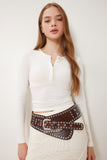 Kemik Çıtçıtlı Basic Örme Crop Bluz FW00002
