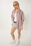 Bordo Gri Çizgili Oversize Dokuma Gömlek DP00259