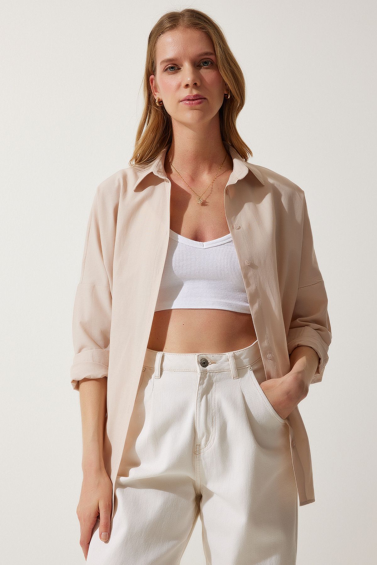 Krem Oversize Uzun Basic Gömlek DD00842