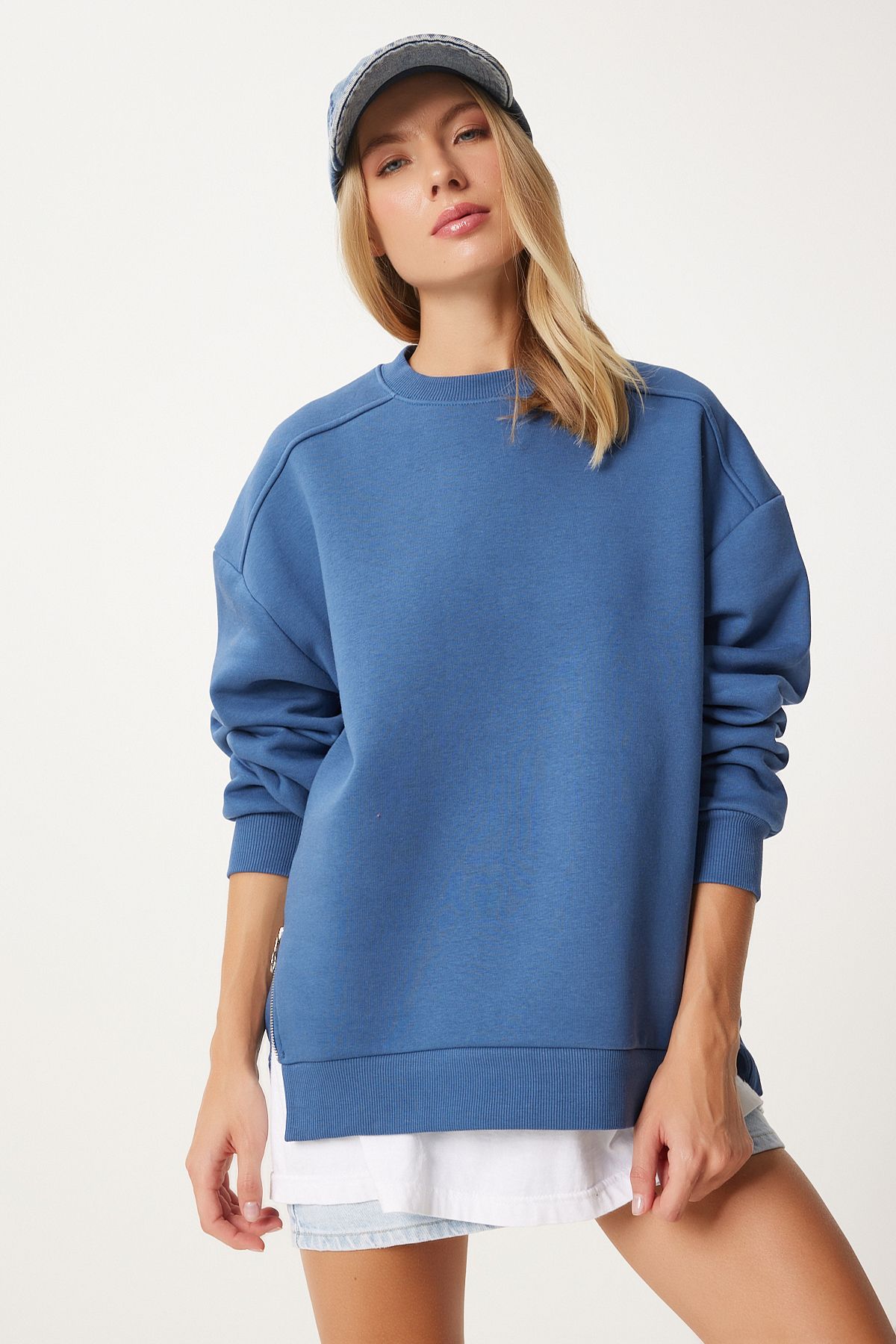 İndigo Mavi Fermuar Detaylı Şardonlu Örme Sweatshirt UB00148