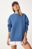 İndigo Mavi Fermuar Detaylı Şardonlu Örme Sweatshirt UB00148