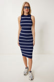 Lacivert Çizgili Yazlık Triko Bodycon Elbise NS00442