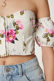 Krem Pembe Desenli Crop Viskon Bluz CR00510