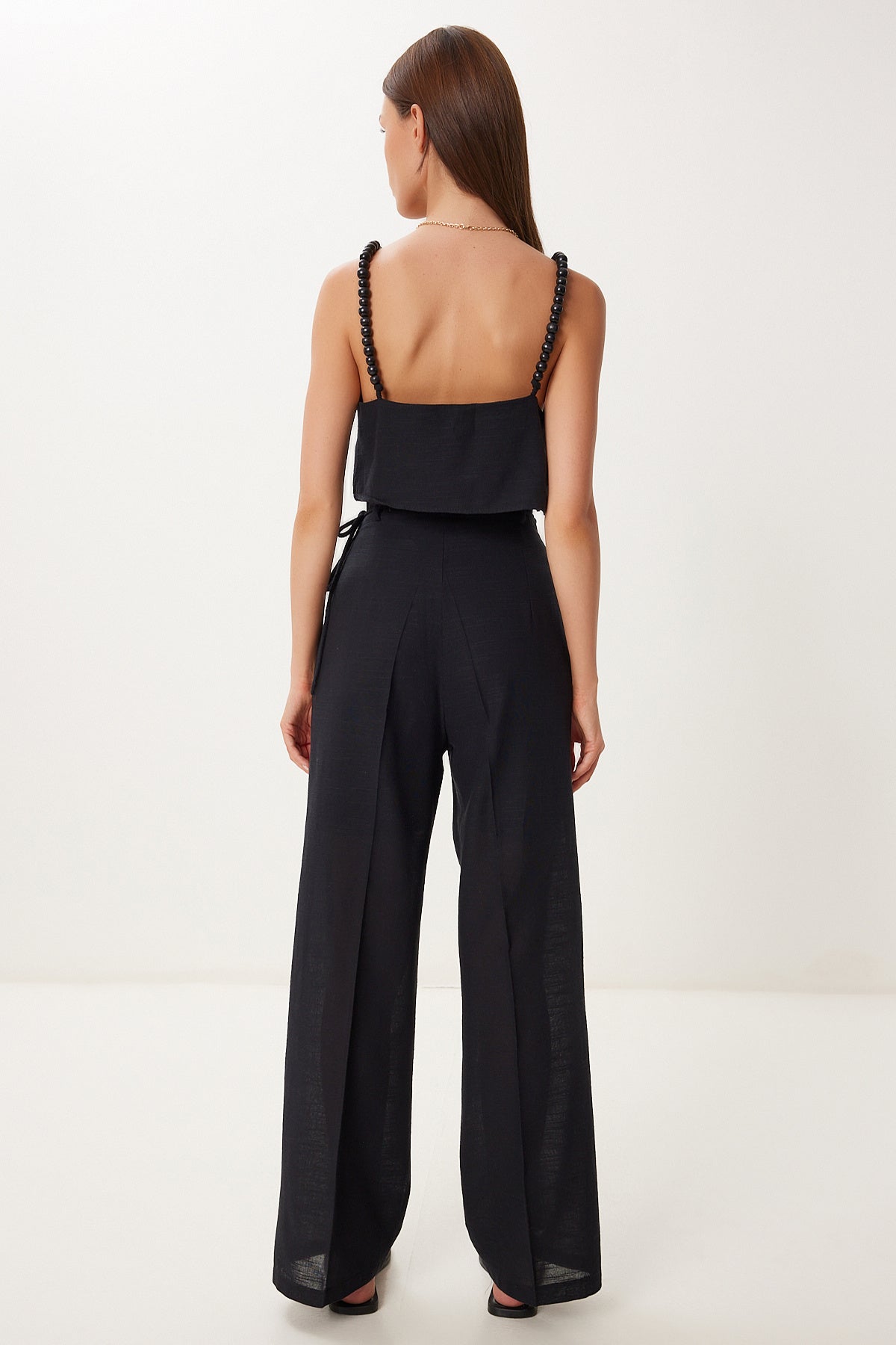 Siyah Boncuk Detaylı Keten Bluz Pantolon Takım BV00170