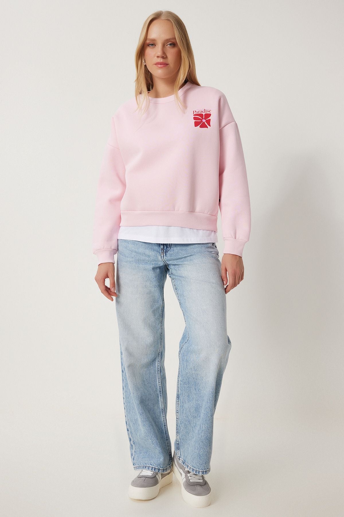 Pembe Baskılı Şardonlu Örme Sweatshirt BF00099