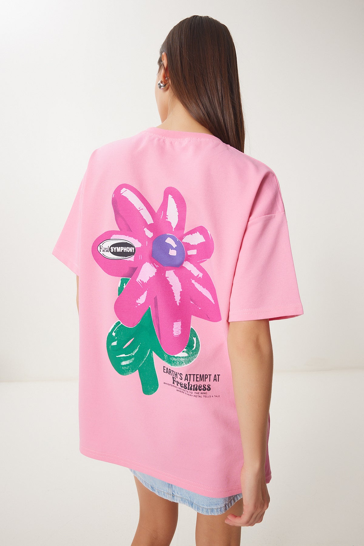 Pembe Çiçek Baskılı Oversize Örme T-Shirt ZV00282