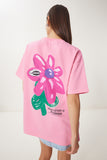 Pembe Çiçek Baskılı Oversize Örme T-Shirt ZV00282