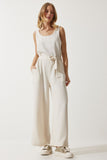 Krem Kuşaklı Keten Tulum MC00282