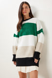 Yeşil Ekru Çizgili Oversize Triko Kazak MX00241