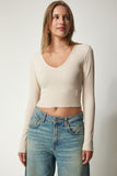 Krem V Yaka Crop Örme Bluz UB00201