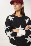 Siyah Yıldız Nakışlı Oversize Triko Kazak VN00023