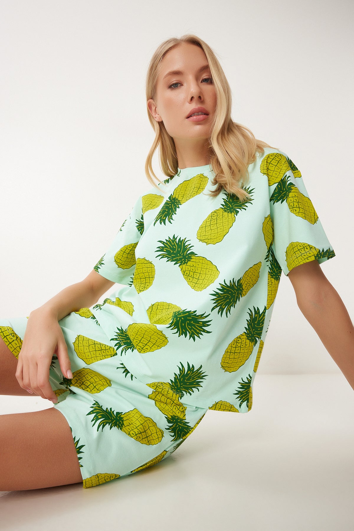 Mint Yeşili Desenli Şortlu Örme Pijama Takımı XE00001