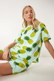 Mint Yeşili Desenli Şortlu Örme Pijama Takımı XE00001