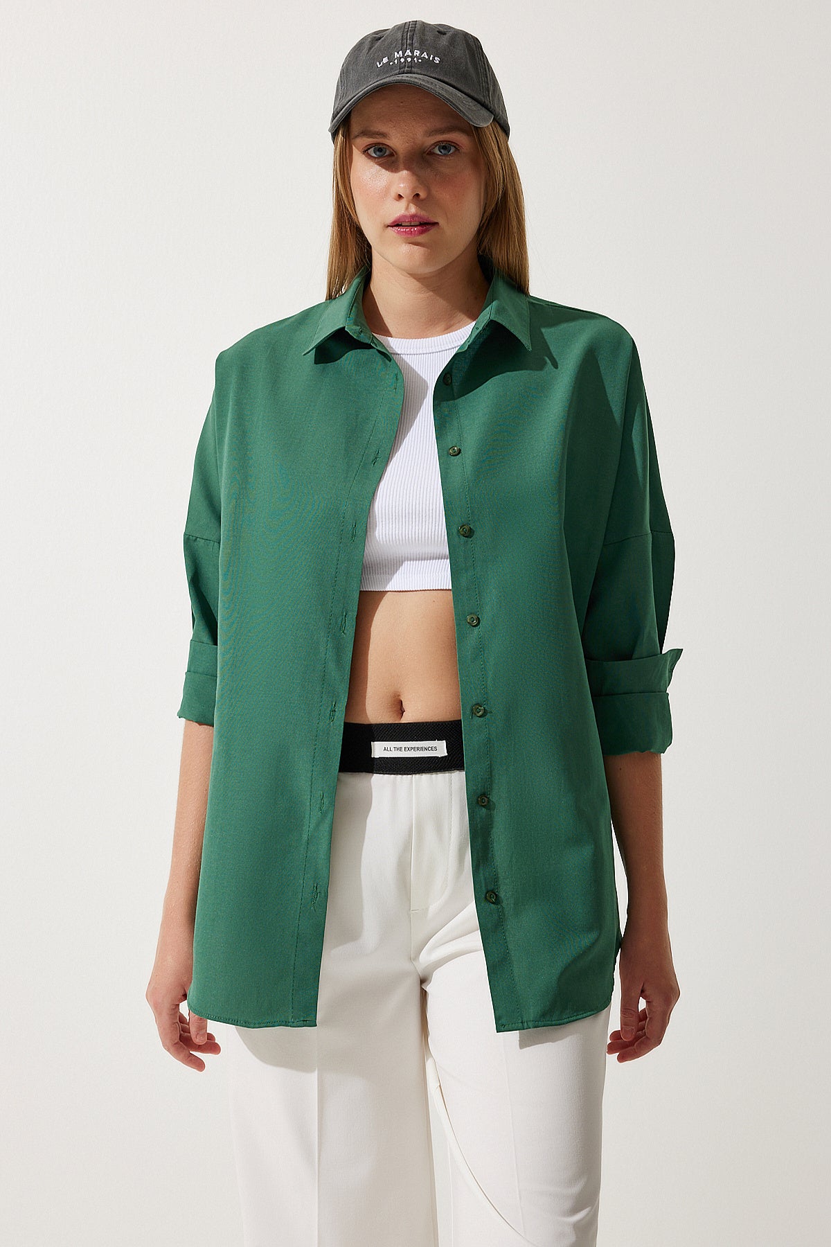 Zümrüt Yeşili Oversize Uzun Basic Gömlek 3900 DD00842