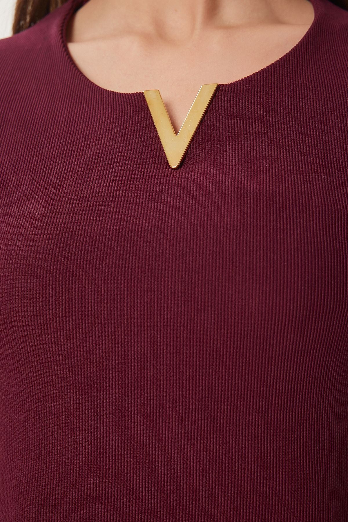 Bordo Gold Aksesuarlı Fitilli Örme Bluz ZV00297